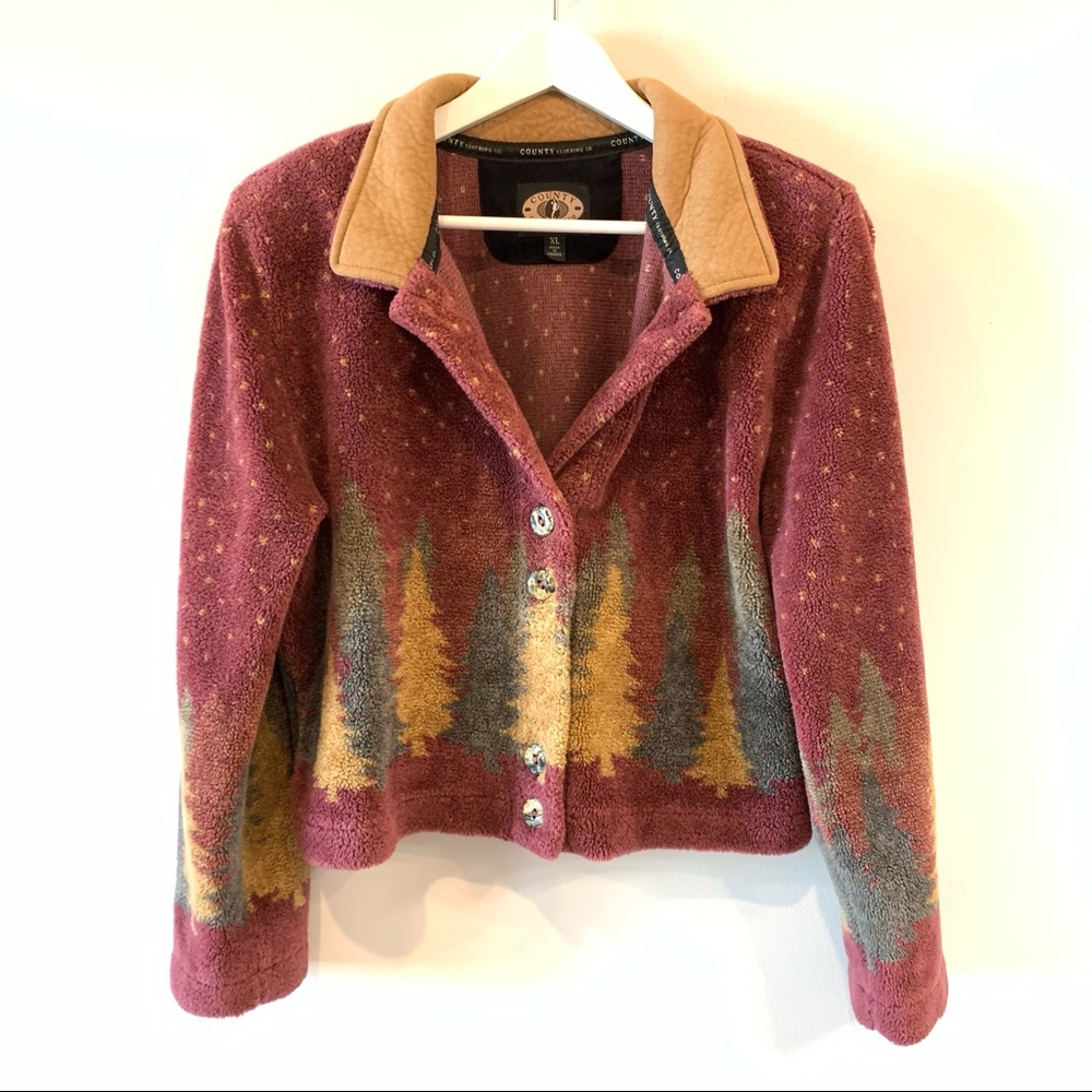 Vintage Country Clothing Co Fleece Jacket Shearling XL Trees Mauve Suede Collar - Picture 1 of 8